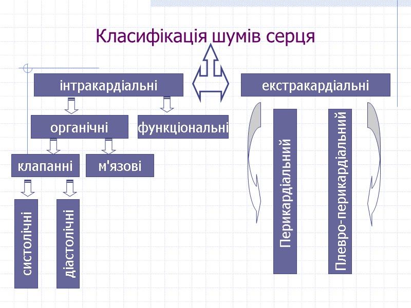 Класифікація шумів серця інтракардіальні інтракардіальні екстракардіальні органічні функціональні м'язові клапанні систолічні діастолічні Плевро-перикардіальний Перикардіальний